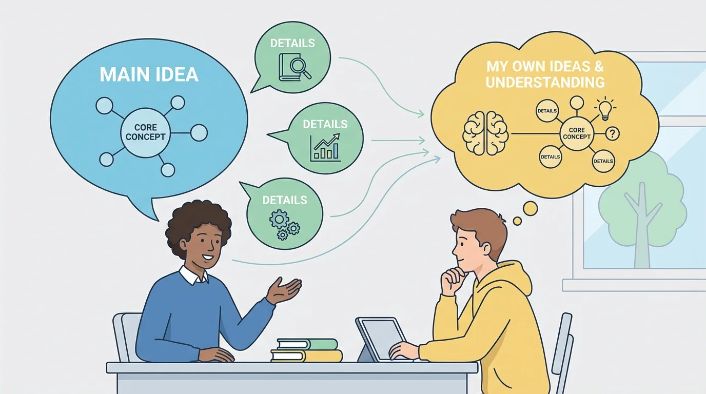 Student listening to a classmate with one large speech bubble labeled main idea and several smaller bubbles labeled details