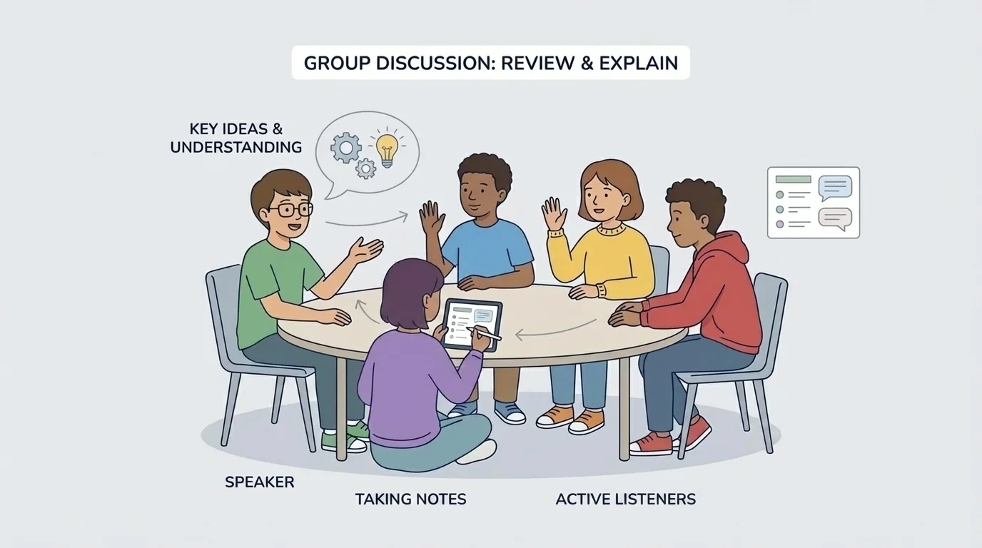 Small group discussion with students facing the speaker, raising hands, taking turns, and one student writing brief notes