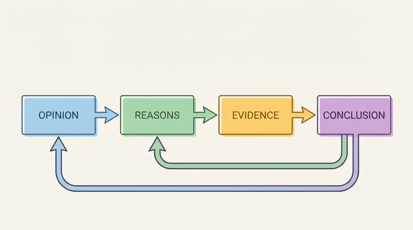 flowchart showing opinion piece structure with boxes labeled opinion, reasons, evidence, conclusion, and arrows showing the conclusion connects back to the opinion and reasons