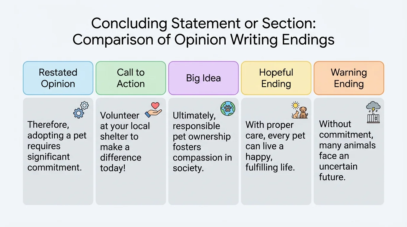chart comparing ending types for opinion writing with columns labeled restated opinion, call to action, big idea, hopeful ending, and warning ending, each with a short sample phrase
