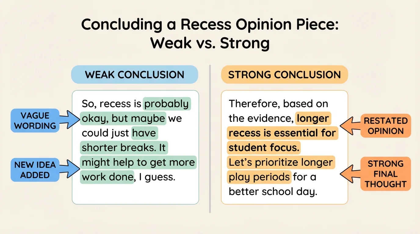 chart comparing weak and strong conclusions for a recess opinion piece, with labels pointing out vague wording, new idea added, restated opinion, and strong final thought