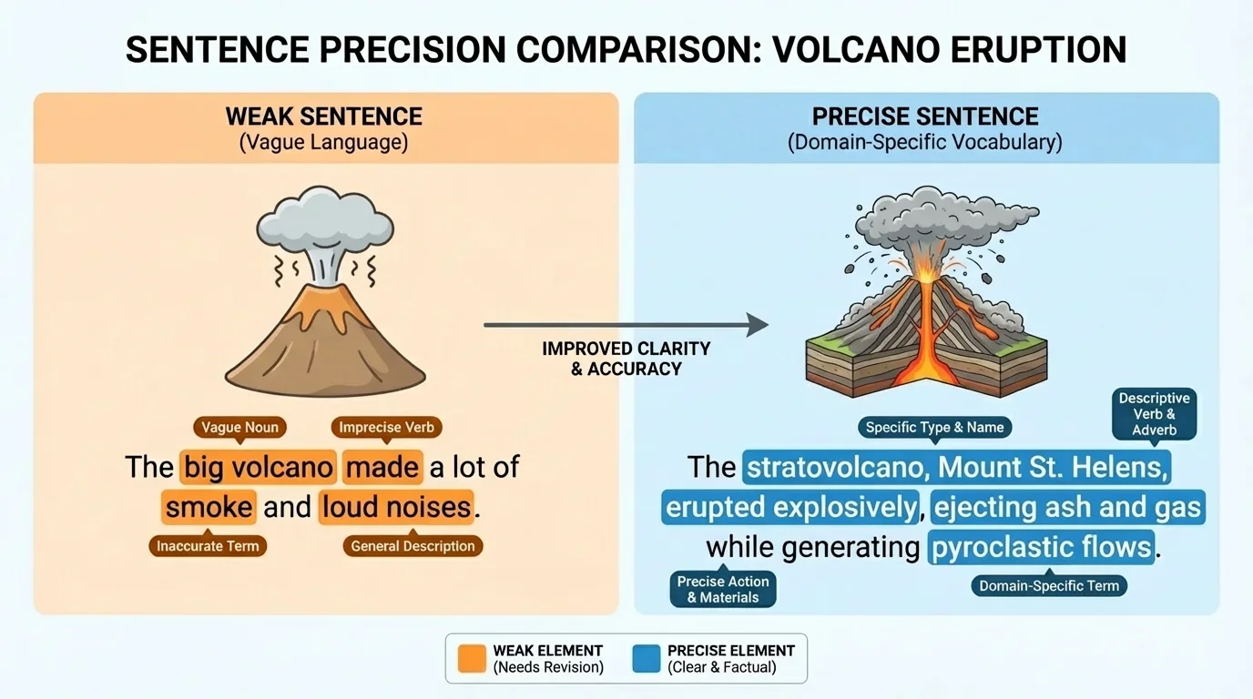 chart comparing a weak sentence and a revised precise sentence about a volcano, with highlighted exact nouns, verbs, and details