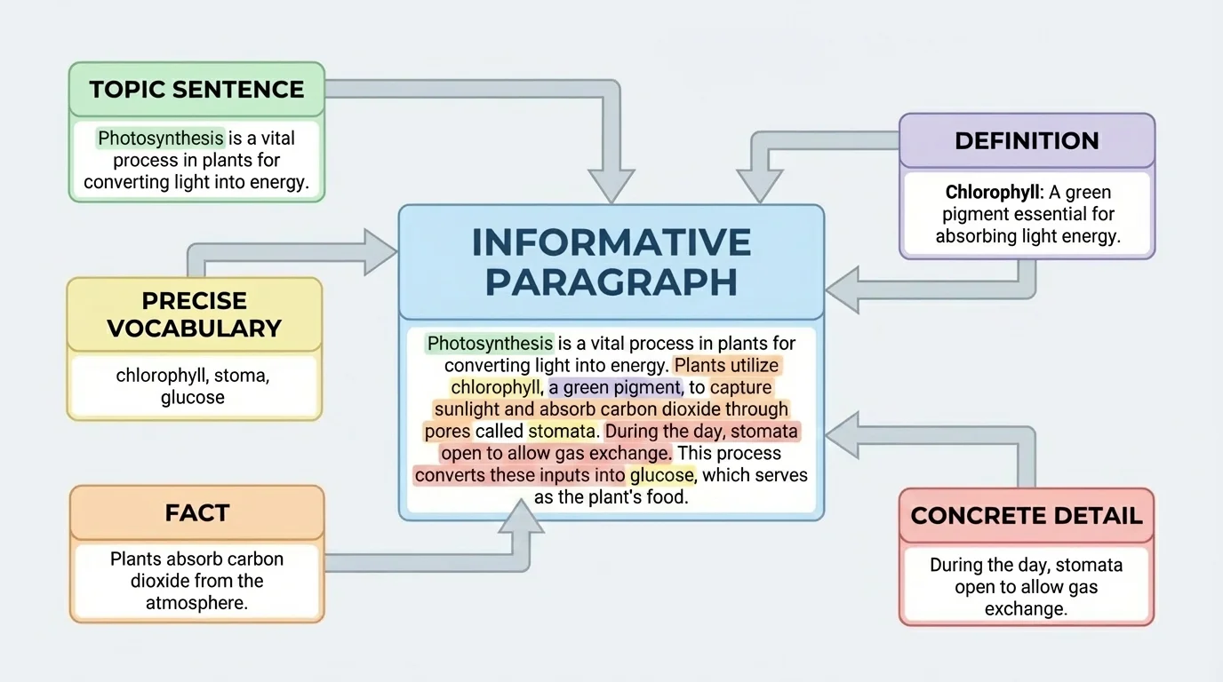 flowchart showing an informative paragraph built from topic sentence, precise vocabulary, fact, definition, and concrete detail