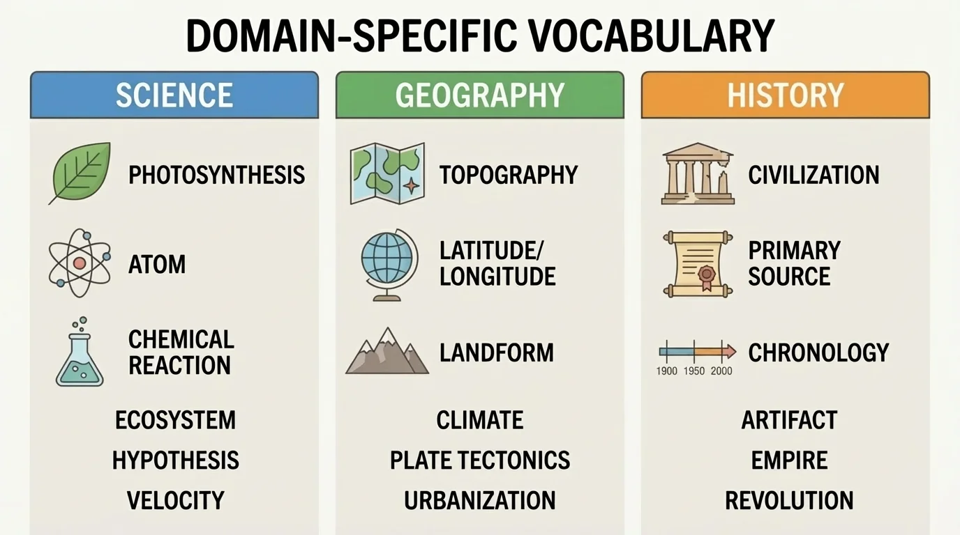 chart with columns for science, geography, and history, each showing sample domain-specific terms with simple icons such as leaf, map, and building