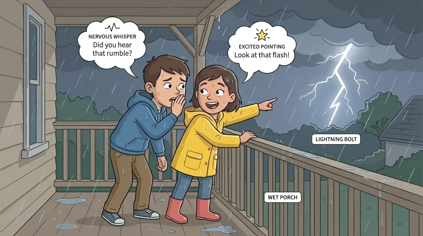 two children on a porch, one whispering and one pointing at lightning, with body language showing nervousness and excitement