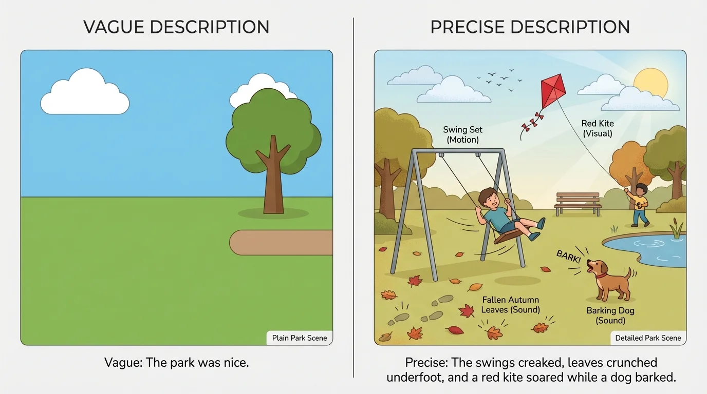 side-by-side illustration of a plain park scene and a richly detailed park scene with swings, crunchy leaves, barking dog, and red kite