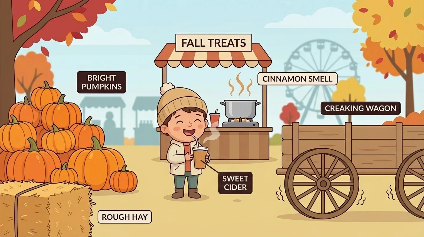 child at a fall fair with labeled sensory clues such as bright pumpkins, creaking wagon, cinnamon smell, sweet cider, and rough hay