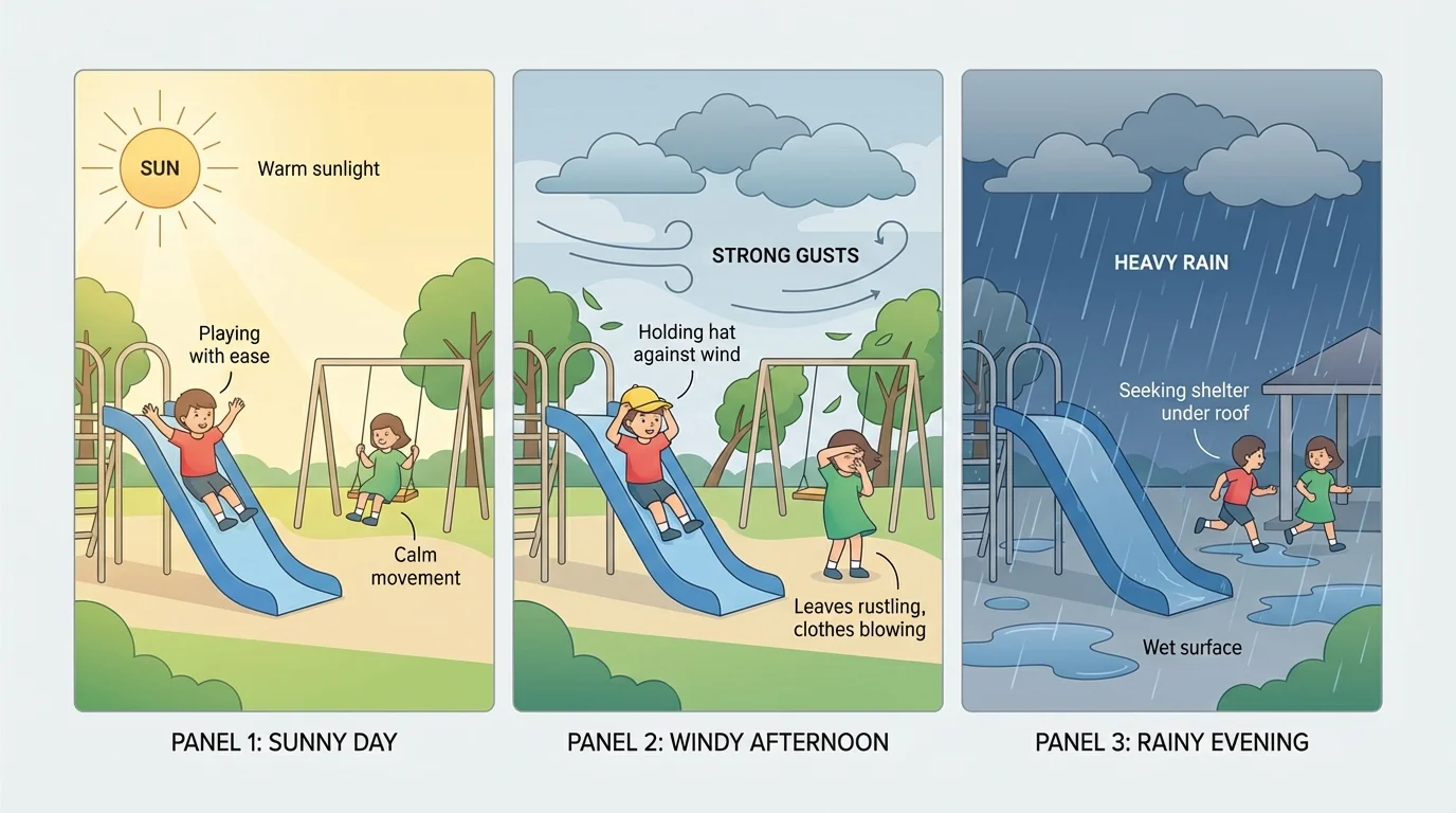 three-panel flowchart of playground scene changing from sunny to windy to rainy as children react