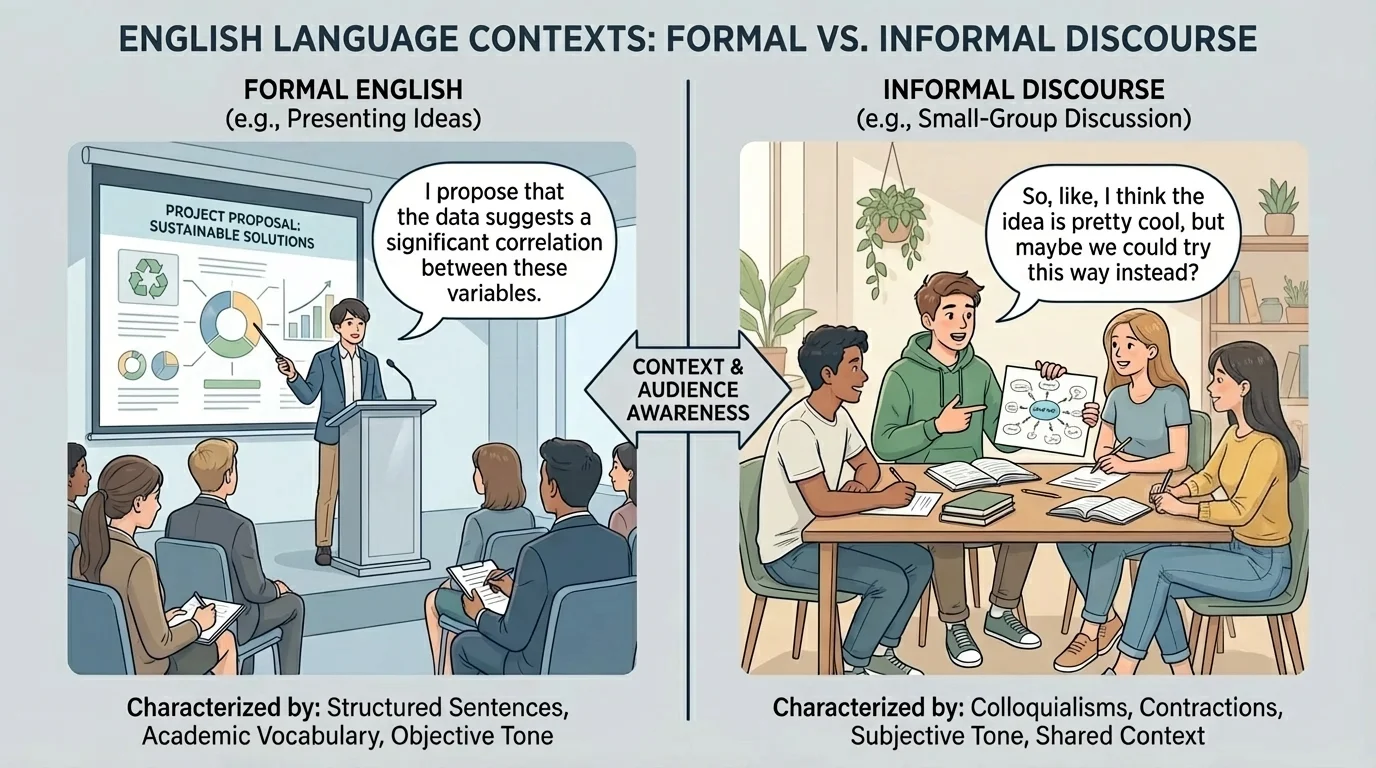 four students seated together in a small-group discussion, one student speaking while others listen and point to shared work