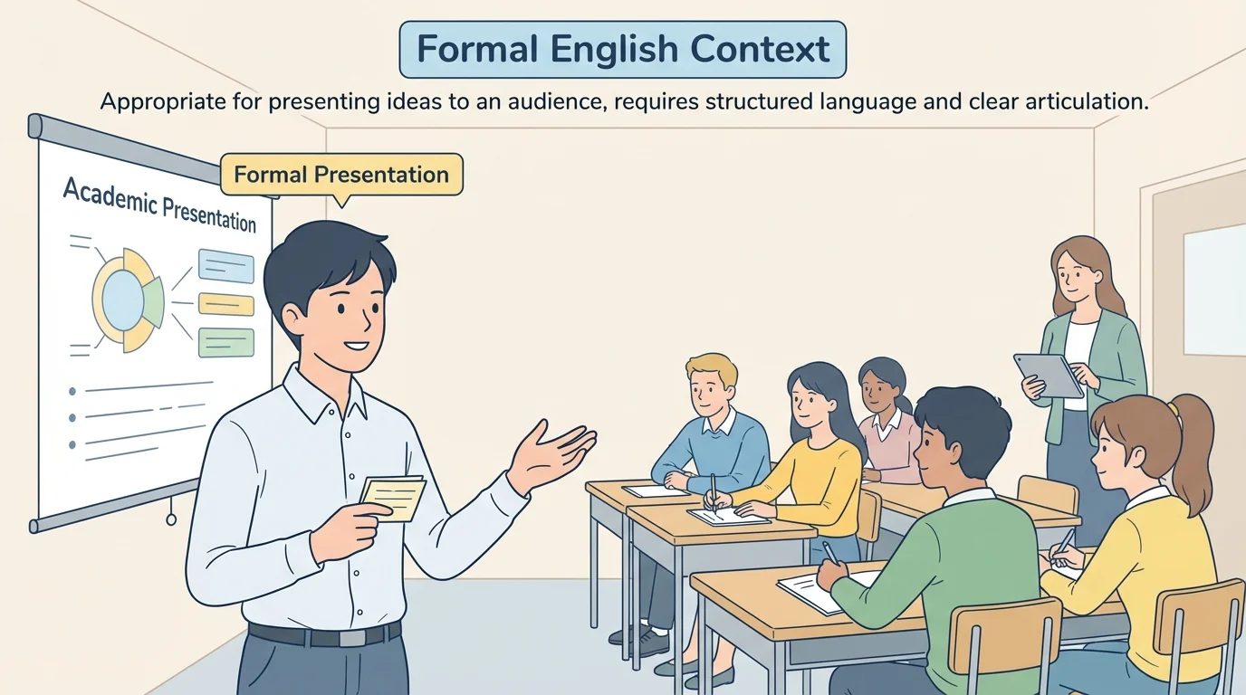 student at the front of a classroom giving a report with note cards, classmates seated and listening, teacher nearby