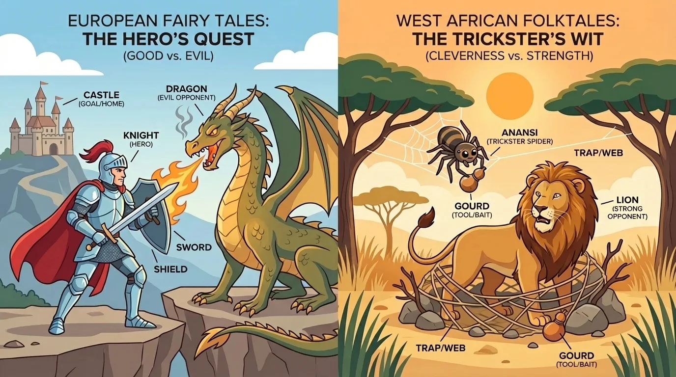 Two-panel illustration: one panel shows a European fairy-tale hero facing a dragon, the other shows a West African spider trickster outsmarting a stronger opponent