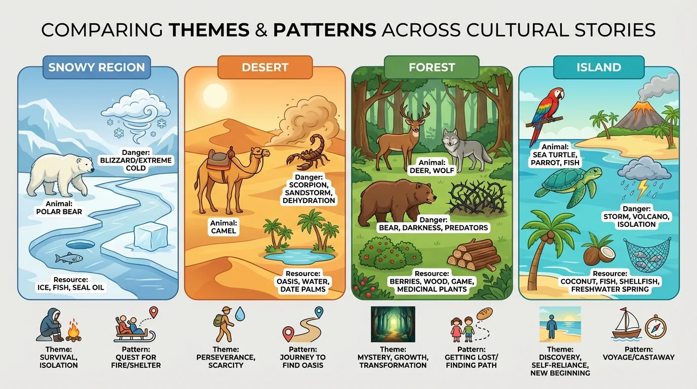 Comparison chart showing four settings—snowy region, desert, forest, island—with typical story details like animals, dangers, and resources