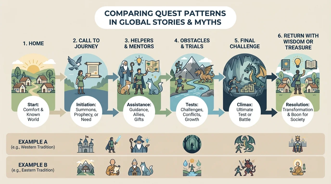 Flowchart of a quest story: home, call to journey, helpers, obstacles, final challenge, return with wisdom or treasure
