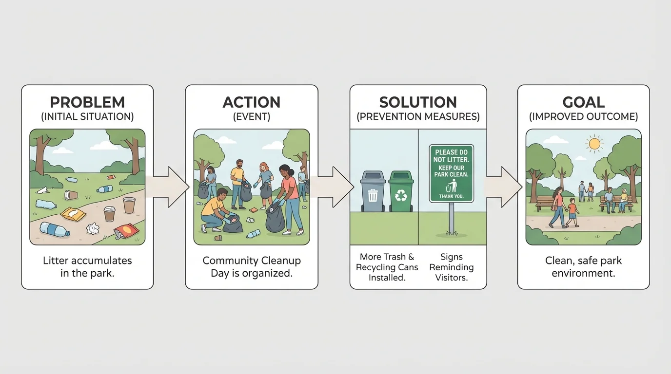 flowchart showing litter in a park leading to cleanup day, more trash cans, and signs reminding visitors