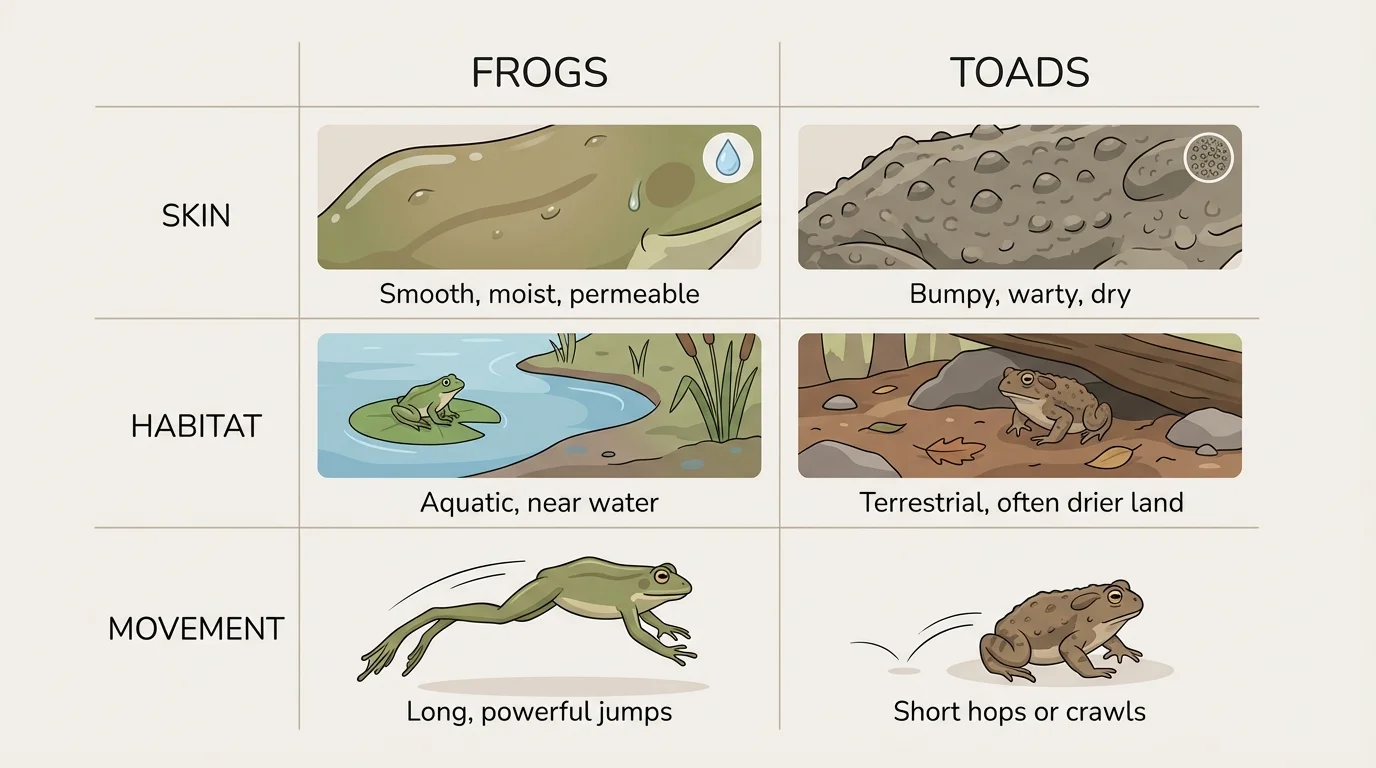 comparison chart of frogs and toads with rows for skin, habitat, and movement