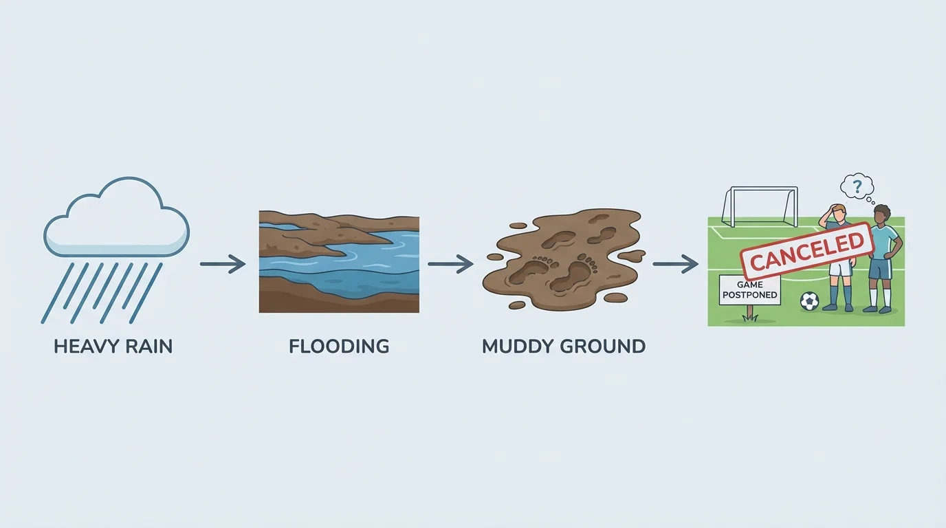 diagram showing heavy rain leading to flooding, muddy ground, and canceled outdoor games