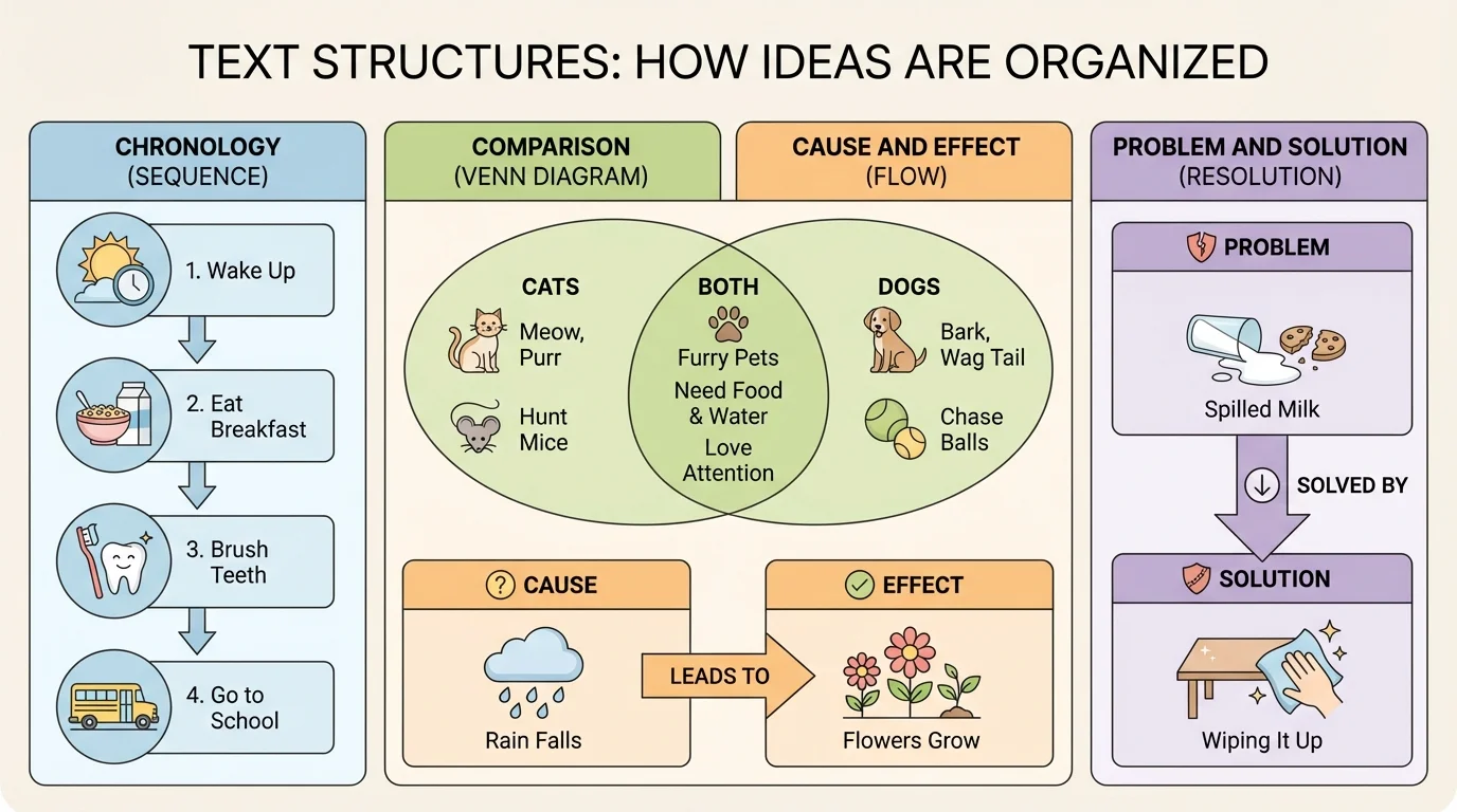 chart showing chronology, comparison, cause and effect, and problem and solution with simple kid-friendly examples