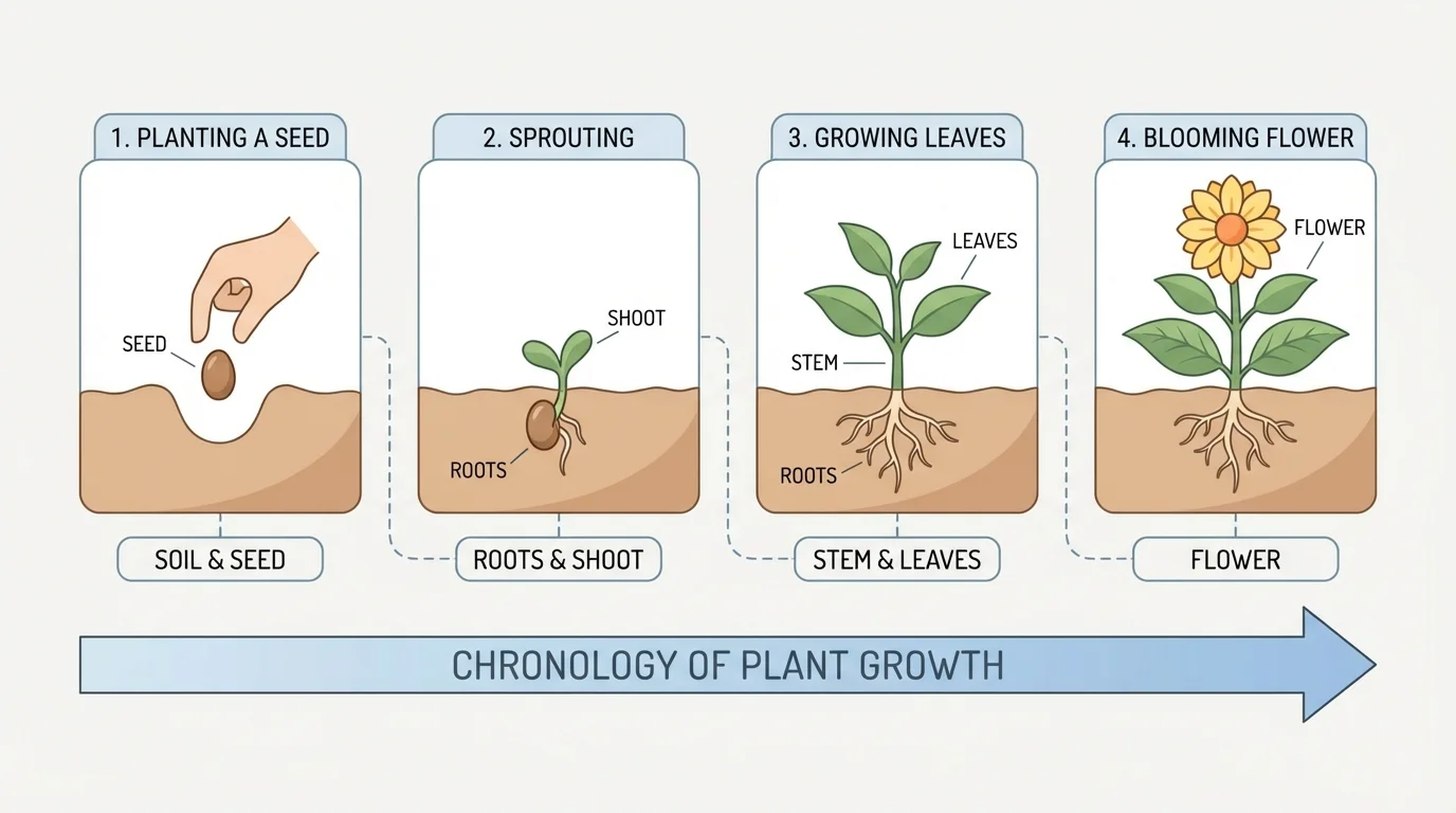 timeline of planting a seed, sprouting, growing leaves, and blooming flower