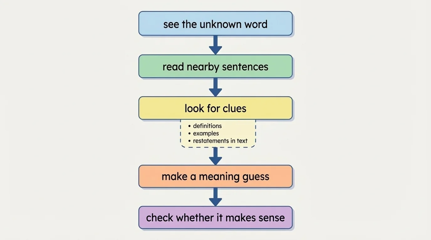 flowchart with boxes reading see the unknown word, read nearby sentences, look for clues, make a meaning guess, check whether it makes sense