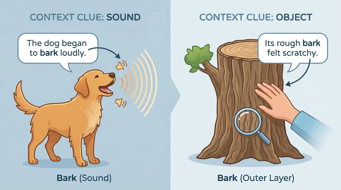 illustration split into two scenes for the word bark, one showing a dog making a sound and one showing rough tree bark being touched