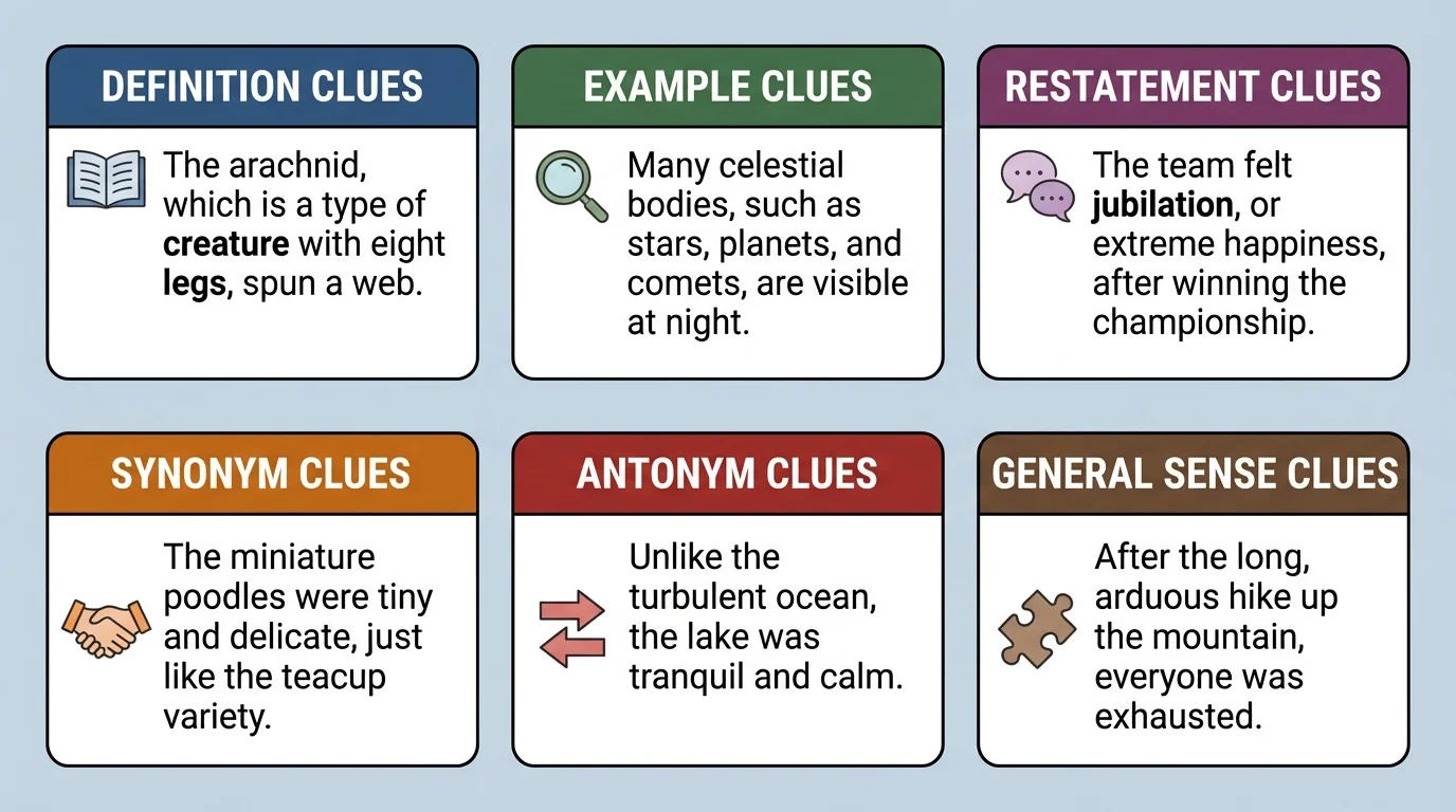 chart showing definition, example, restatement, synonym, antonym, and general-sense clues with one short sample sentence for each