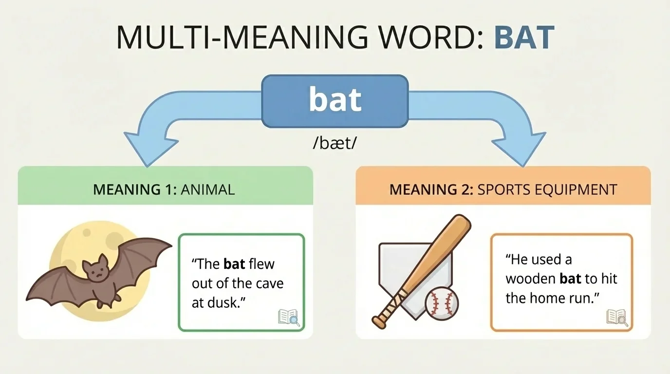 Chart showing the word bat with two meanings, animal and sports equipment, each matched to a different example sentence