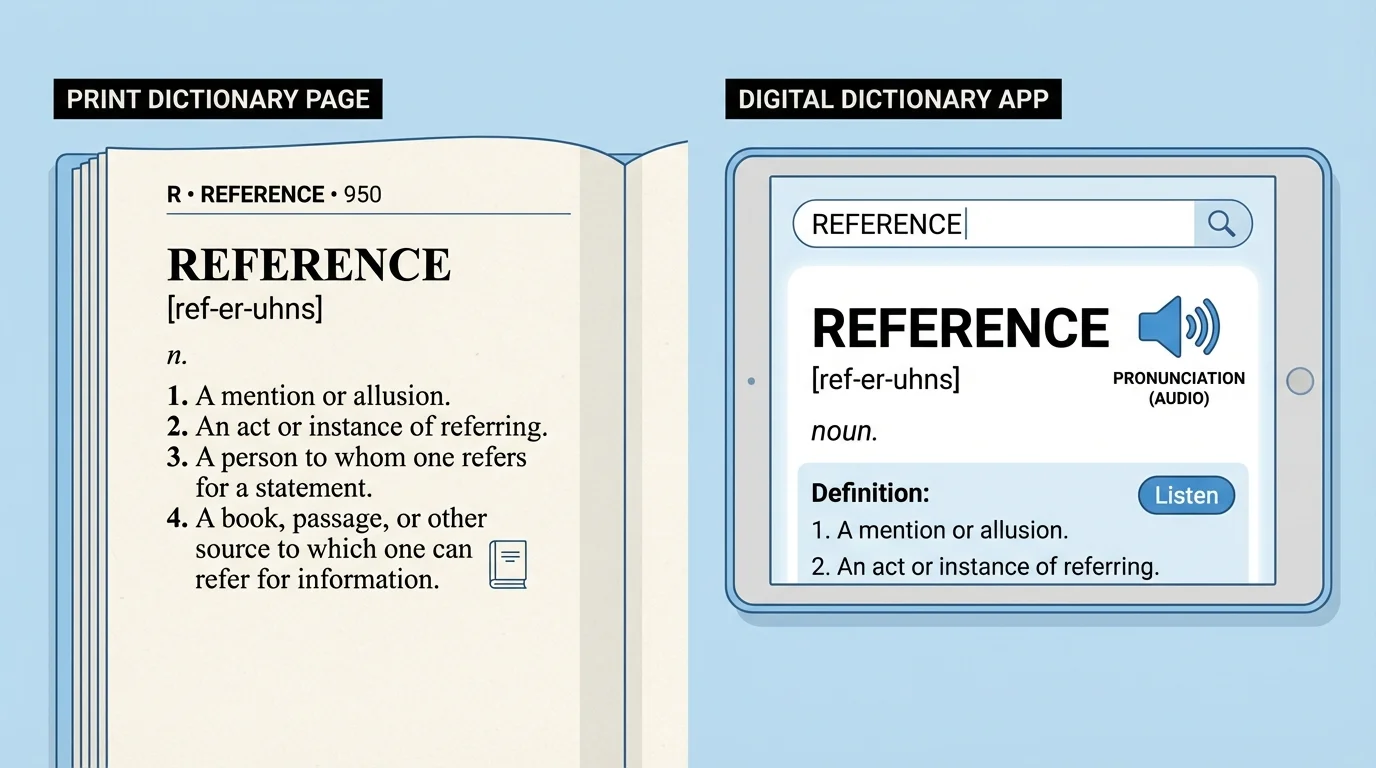 Side-by-side comparison of a print dictionary page and a tablet showing a digital dictionary with search bar, speaker icon, and definitions