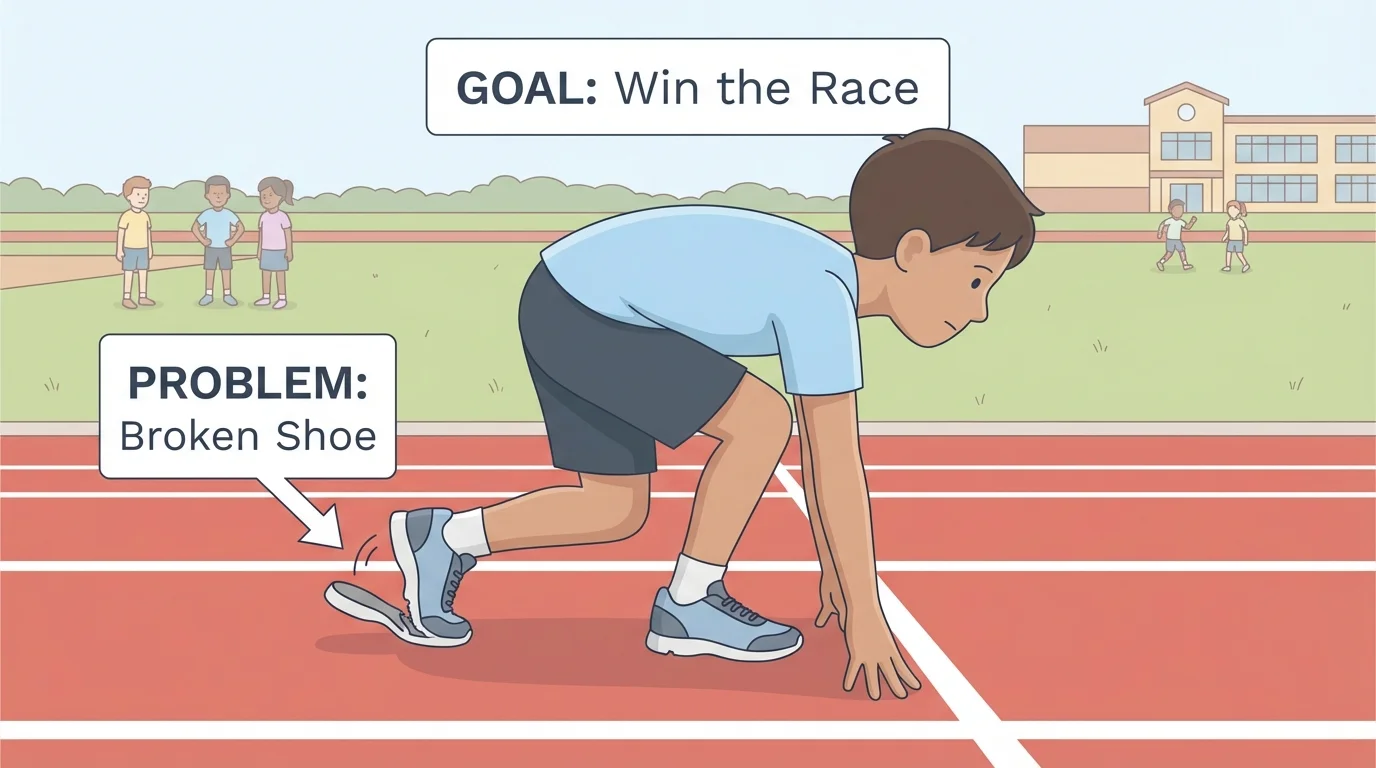Child at a school race starting line with one shoe broken, labels showing goal: win the race and problem: broken shoe