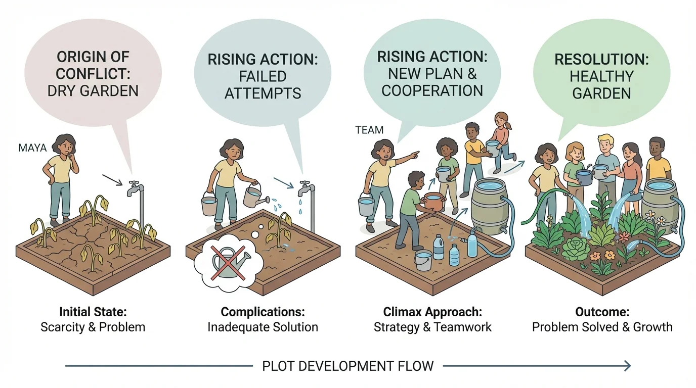 Four-panel sequence of Maya discovering dry garden, trying buckets, organizing water collection teams, and seeing healthy plants after the plan works