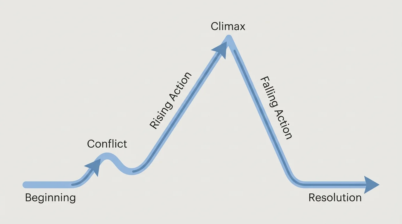 Simple plot mountain labeled beginning, conflict, rising action, climax, falling action, and resolution with arrows from start to finish