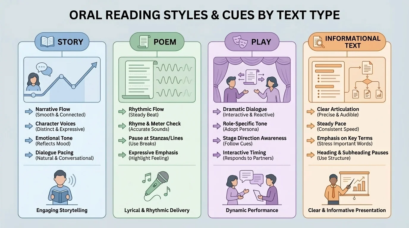 chart showing four text types—story, poem, play, informational text—with matching oral reading style cues