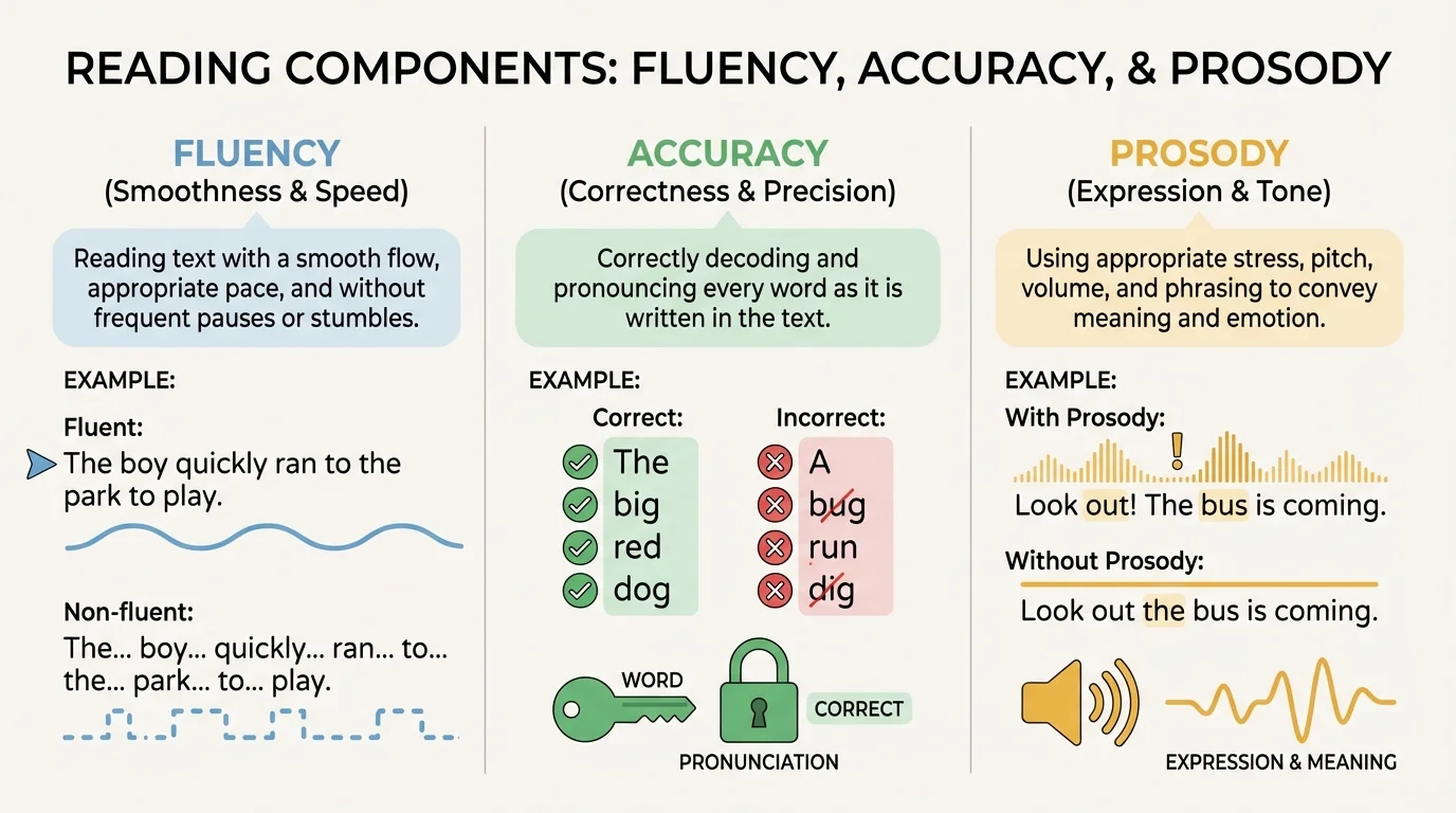 chart comparing fluency, accuracy, and prosody with short examples of each