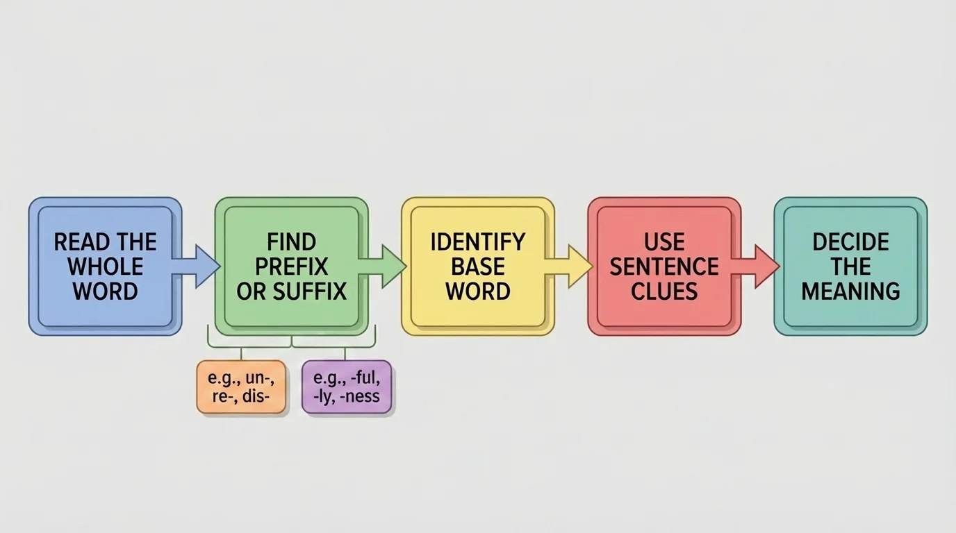 flowchart with boxes read the whole word, find prefix or suffix, identify base word, use sentence clues, decide the meaning