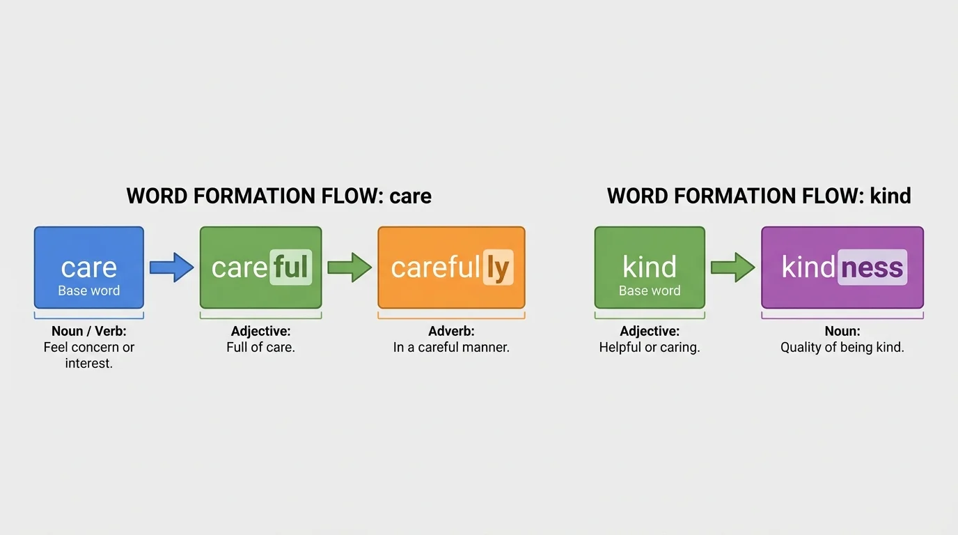 chart showing care to careful to carefully and kind to kindness, with labels adjective, adverb, noun and short meaning notes