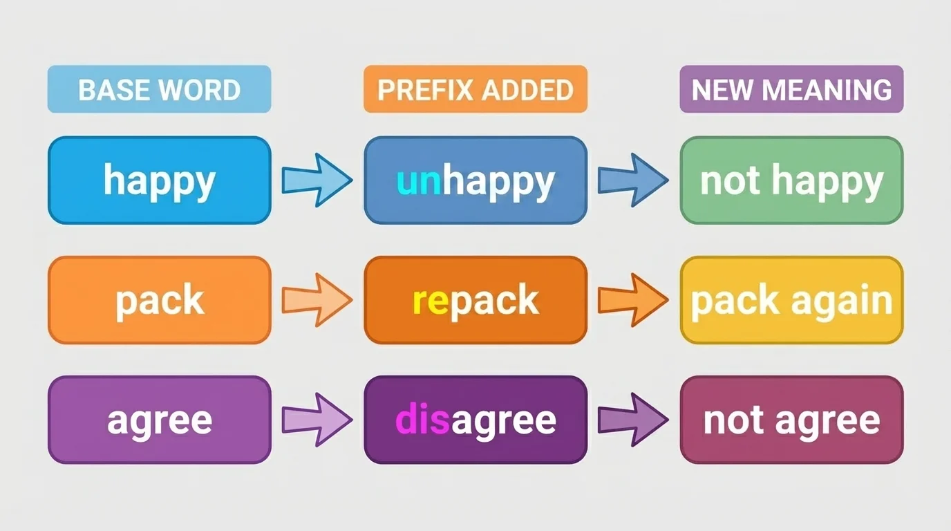chart showing base words happy, pack, agree changing to unhappy, repack, disagree with arrows and short meaning labels not happy, pack again, not agree