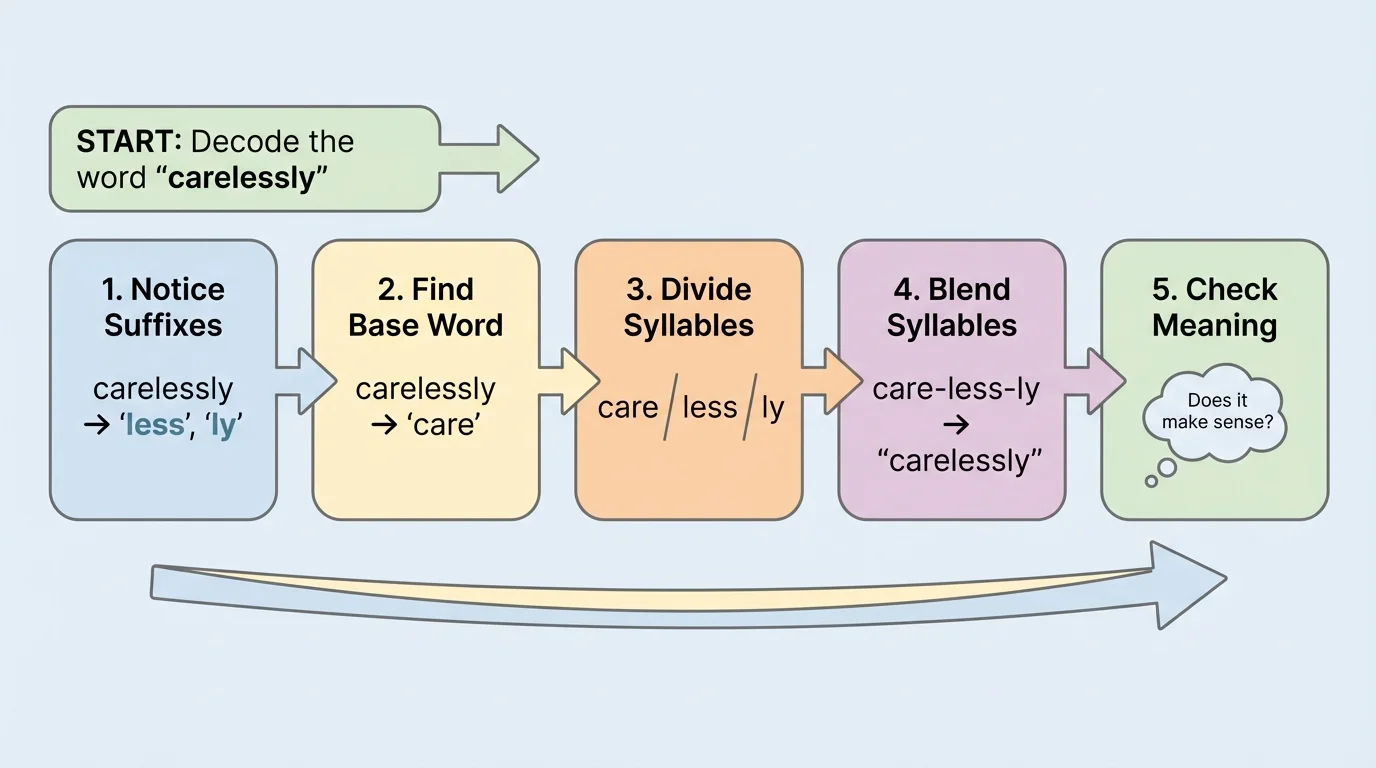flowchart showing decode steps using the word 'carelessly': notice suffix, find base word care, divide syllables care-less-ly, blend, check meaning