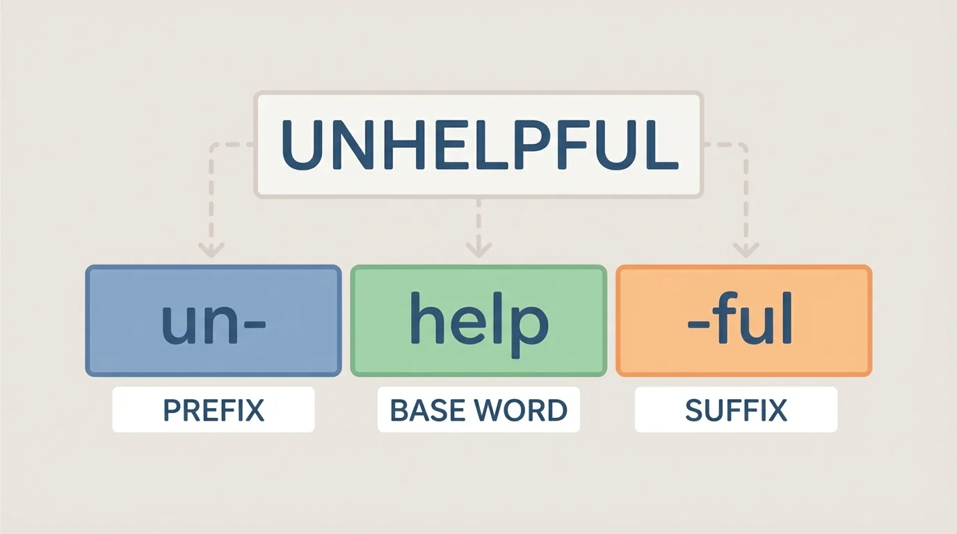 word-building diagram showing 'unhelpful' split into un + help + ful with labels prefix, base word, suffix