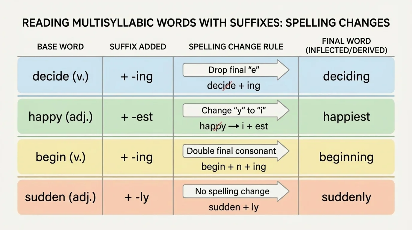 chart with examples make/making, happy/happiest, run/running, quick/quickly showing spelling changes and no-change cases