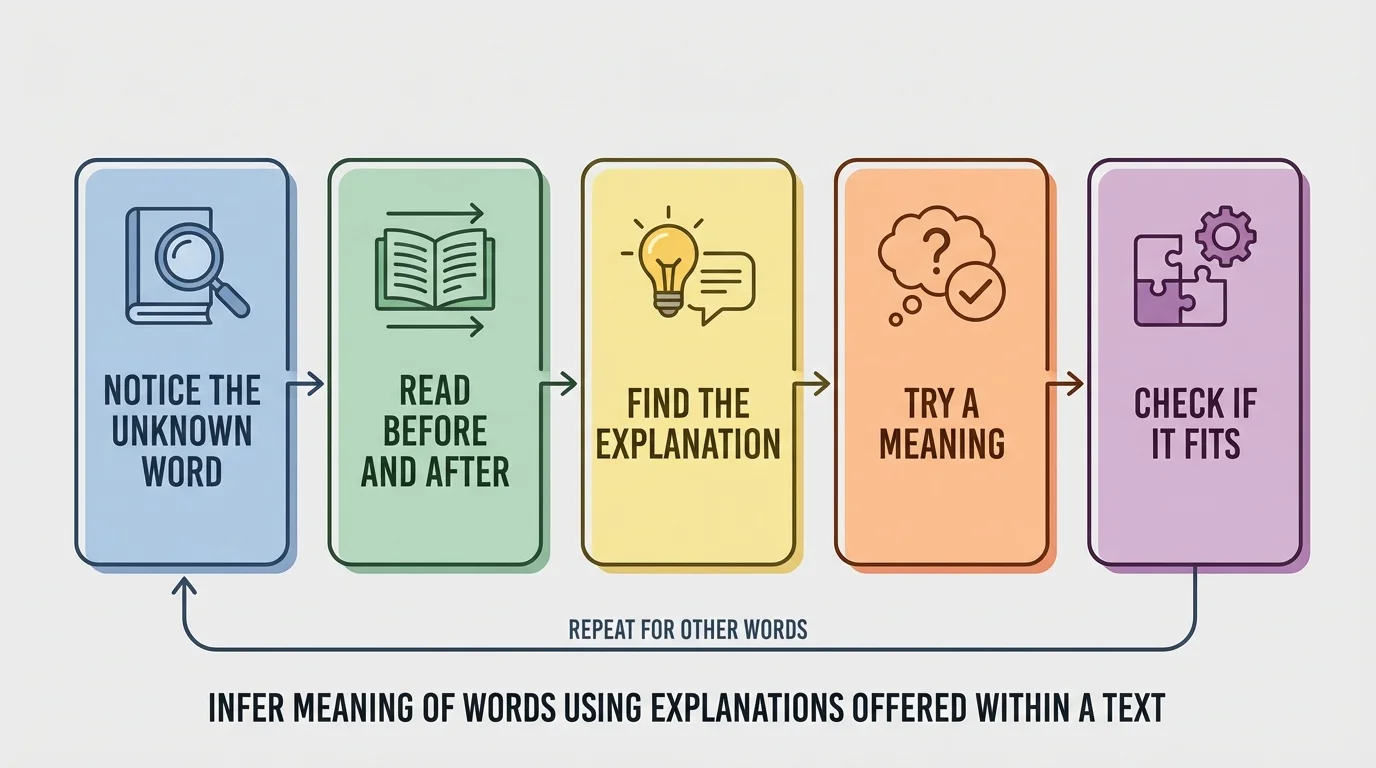 flowchart with steps notice the unknown word, read before and after, find the explanation, try a meaning, check if it fits