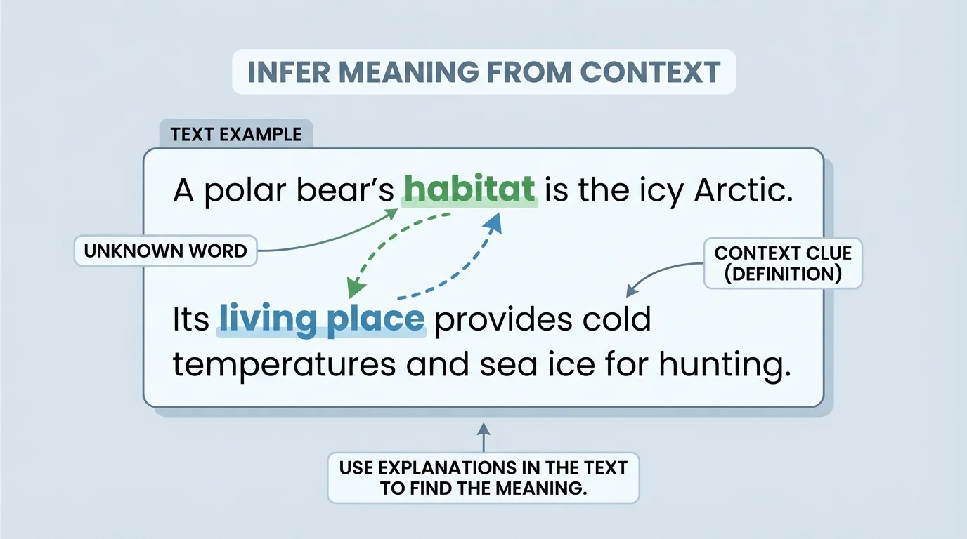 illustration of a short paragraph with the word habitat in one sentence and its explanation living place in the next sentence, connected by arrows