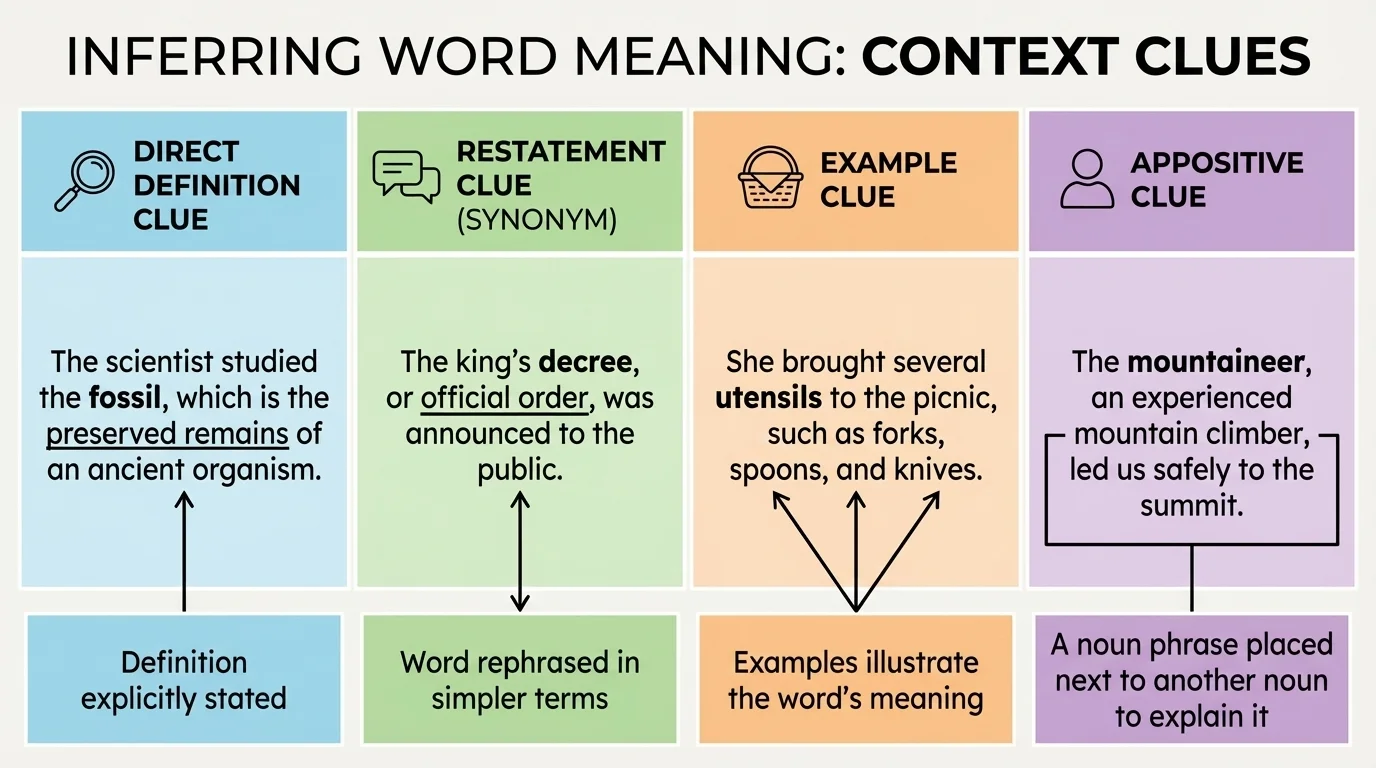 chart showing direct definition, restatement, example clue, and appositive clue with short sample sentences