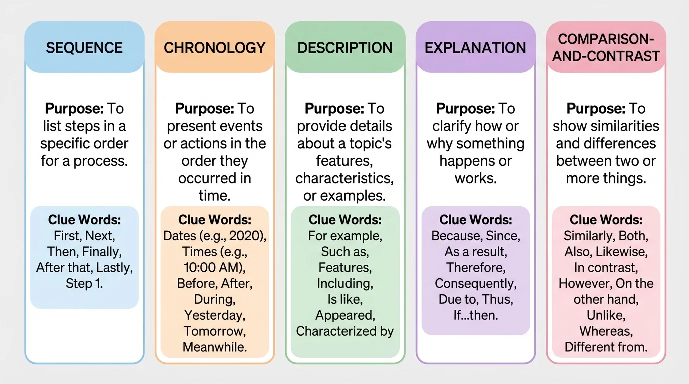 chart with five columns labeled sequence, chronology, description, explanation, comparison-and-contrast, each with a short purpose and simple clue words