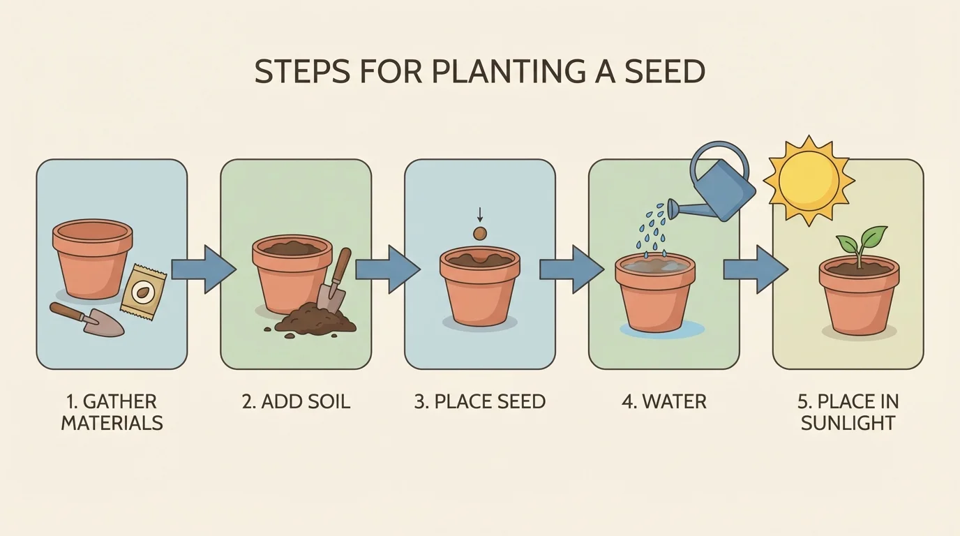 flowchart showing steps for planting a seed: gather pot, add soil, place seed, water, put in sunlight