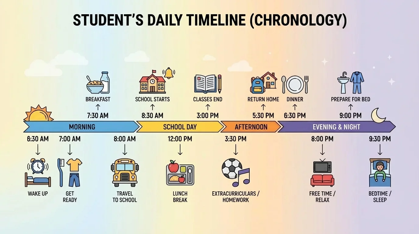 timeline of a student's day with labeled events from morning to night, from waking up to bedtime