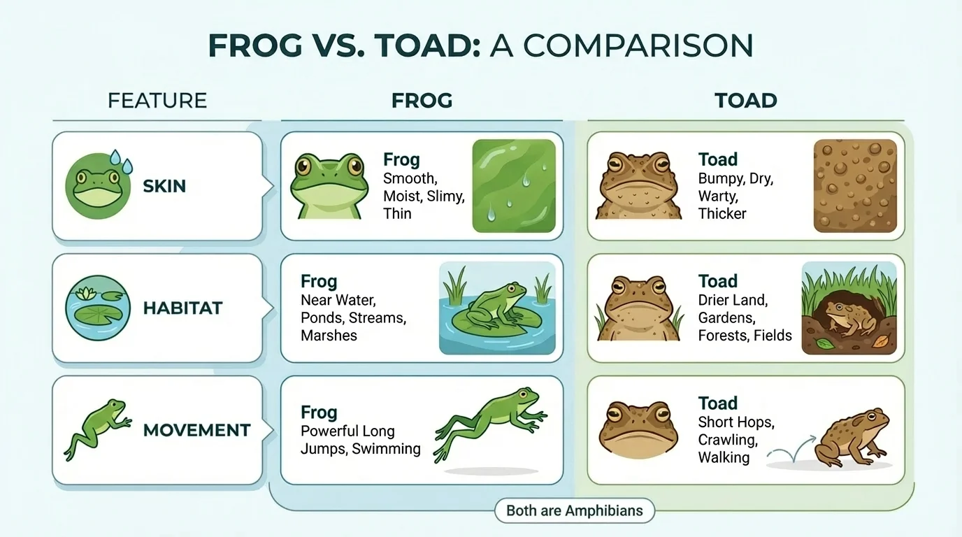 chart comparing frogs and toads with rows for skin, habitat, and movement, showing clear similarities and differences