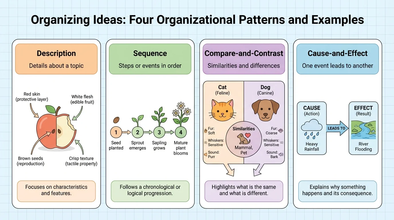 Chart comparing description, sequence, compare-and-contrast, and cause-and-effect with simple examples for each