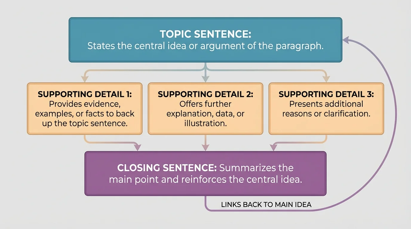 Diagram of a paragraph box with a topic sentence at the top, three supporting detail boxes underneath, and a closing sentence linked back to the main idea