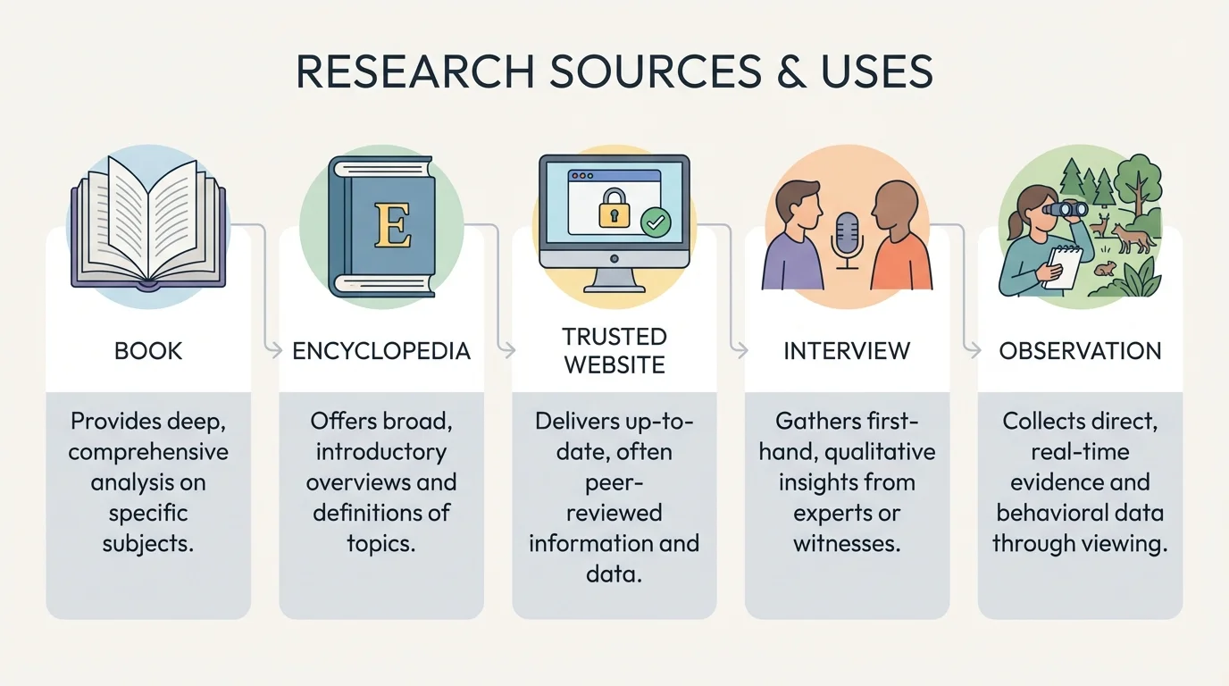 chart showing book, encyclopedia, trusted website, interview, and observation, each paired with a simple note about what it is useful for in research
