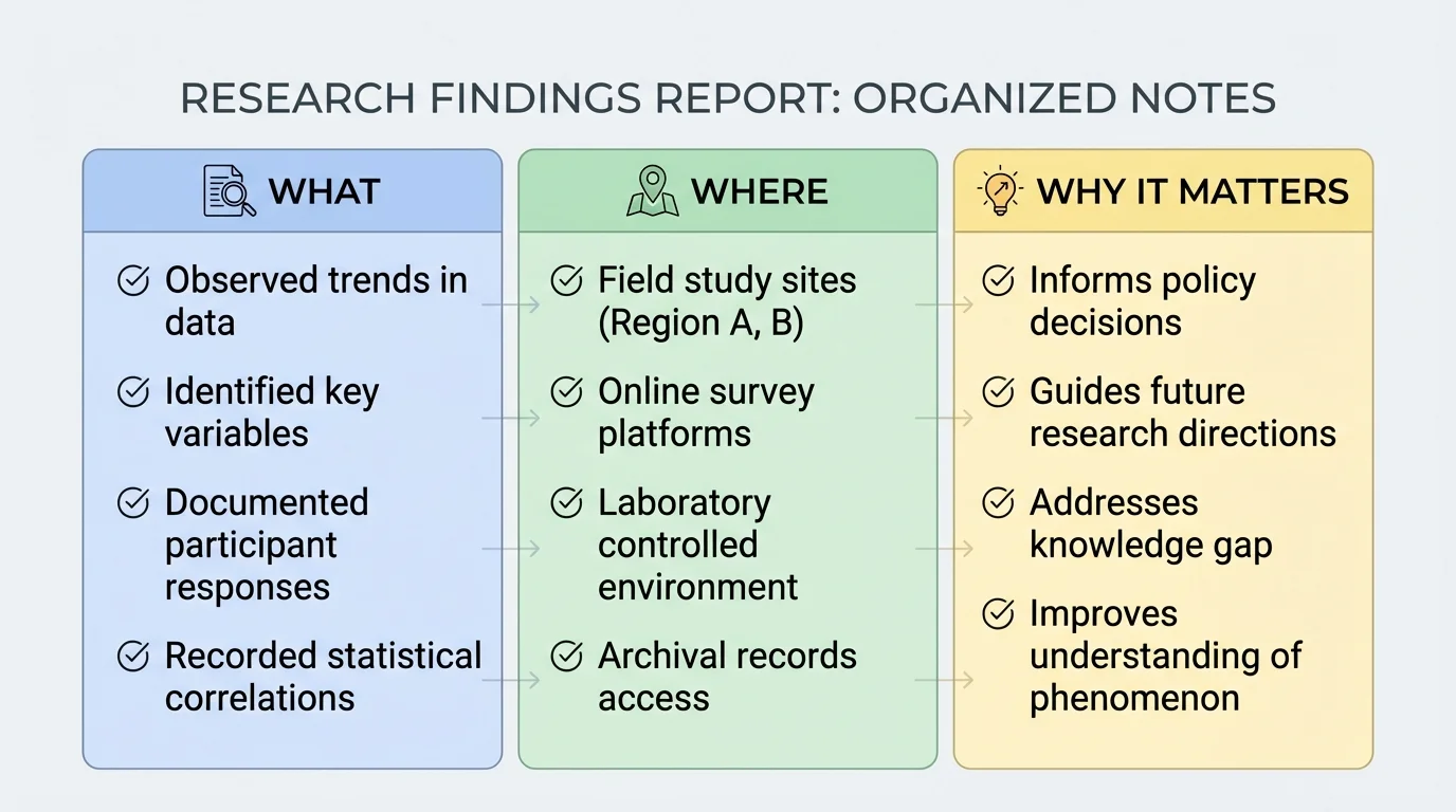 chart showing research notes sorted into categories such as what, where, why it matters