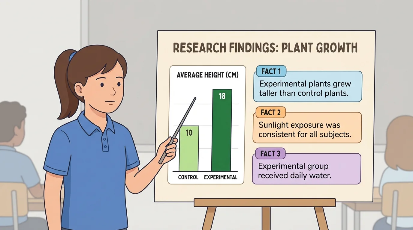 illustration of a student using a poster with a title, one small bar chart, and three labeled facts
